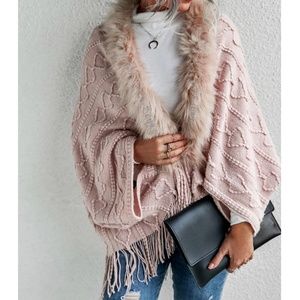 Faux Fur Pink Textured Knit Open Cardigan